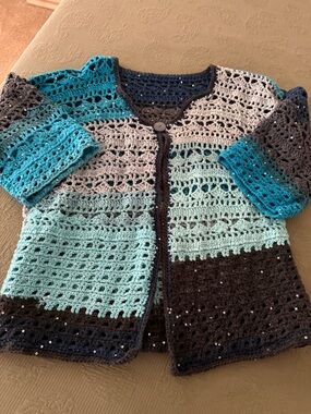 Handmade Crocheted Openwork Cardigan in Teal, Aqua & Charcoal